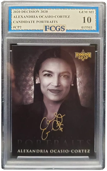 2020 Decision trading card featuring Alexandria Ocasio-Cortez from the Candidate Portraits series, graded GEM MT 10 by FCGS in a protective slab.