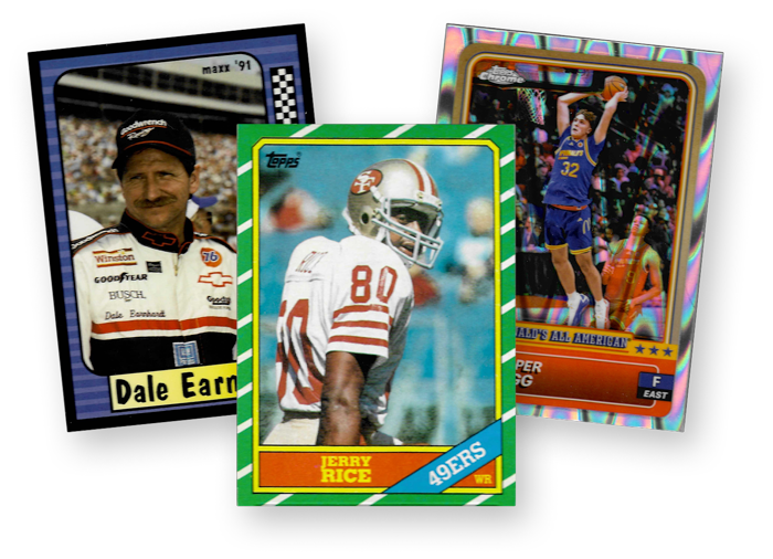 Three vintage trading cards featuring Dale Earnhardt in a racing suit, Jerry Rice in a 49ers football uniform, and a basketball player mid-jump shot on a chrome-style card.