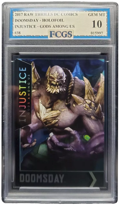 2017 Raw Thrills DC Comics Doomsday holofoil card from Injustice: Gods Among Us, graded GEM MT 10 by FCGS and encased in a protective slab.
