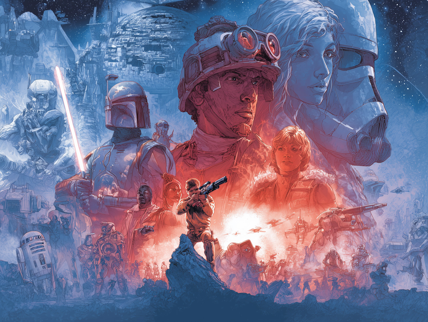 Detailed sci-fi illustration featuring a central figure holding a blaster, surrounded by helmeted soldiers, futuristic vehicles, droids, and spacecraft in battle, with a vibrant red and blue cosmic background and a looming space station above.