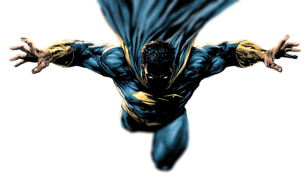 Comic-style superhero in a black and gold suit with outstretched arms and flowing cape, flying forward on a transparent background.
