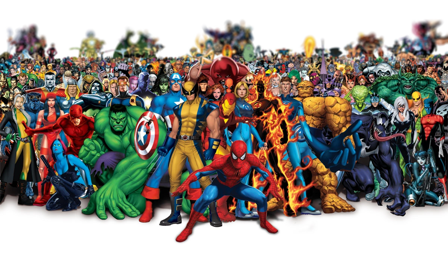 Large group illustration of Marvel superheroes and villains, featuring characters like Spider-Man, Wolverine, Hulk, Captain America, Iron Man, and the Fantastic Four, all standing together in dynamic comic-book style on a transparent background.