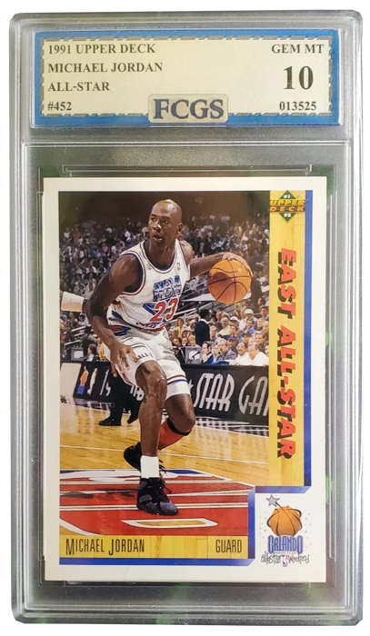 1991 Upper Deck Michael Jordan All-Star trading card graded GEM MT 10 by FCGS, featuring Jordan in an East All-Star uniform during gameplay.
