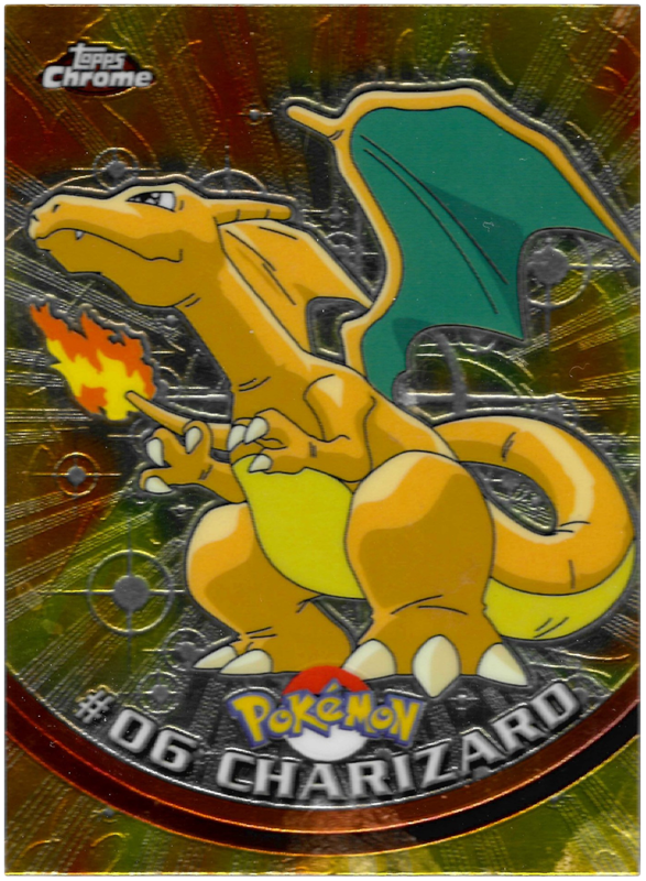 Topps Chrome Pokémon trading card featuring Charizard, an orange fire-breathing dragon with green wings and a flaming tail, shown against a metallic burst background.