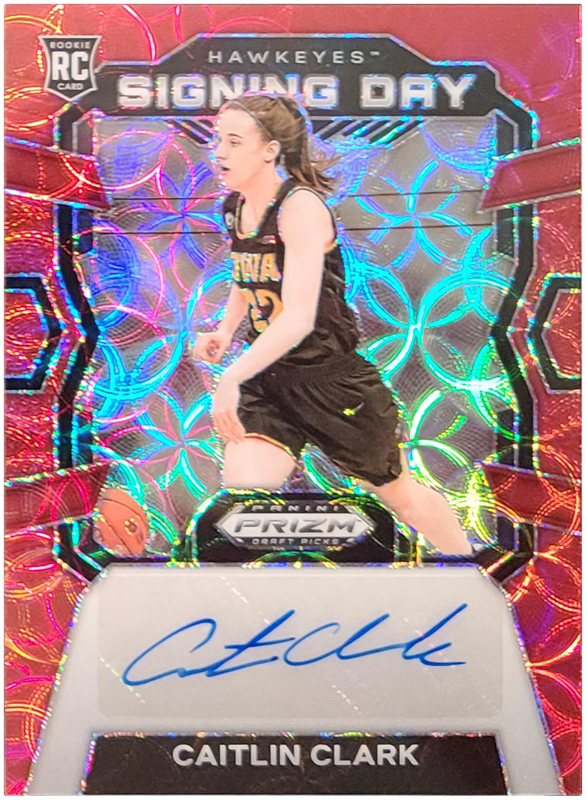 Basketball trading card with a holographic red and rainbow foil background featuring a female player in a black jersey dribbling. The card includes a signature area and a “Signing Day” label at the top.