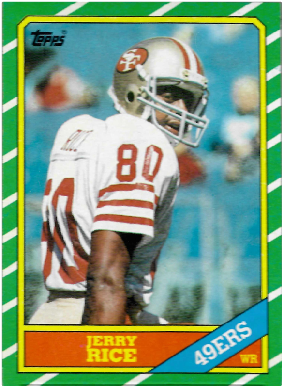Football trading card featuring a player in a white jersey with red stripes and the number 80. He wears a gold helmet with a red logo and is shown in profile on a sunny day. The card has a green diagonal striped border and bold yellow and blue labels at the bottom with the player's position and team.