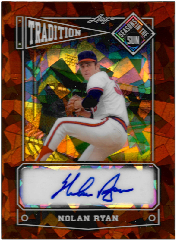 Baseball trading card with a vibrant orange prism background featuring a pitcher mid-windup in a white uniform. The design includes a large autograph area with a blue signature and the word “TRADITION” at the top, with “Nolan Ryan” printed at the bottom. The card is part of the “Seasons in the Sun” series by Leaf.