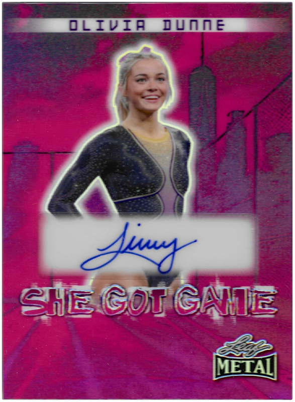 Gymnast-themed trading card with a bright pink background featuring a female athlete in a sparkly leotard, smiling with hands on hips. The top of the card reads “Olivia Dunne,” with a large autograph section in the center and the text “She Got Game” in bold lettering at the bottom. "Leaf Metal" branding appears in the corner.