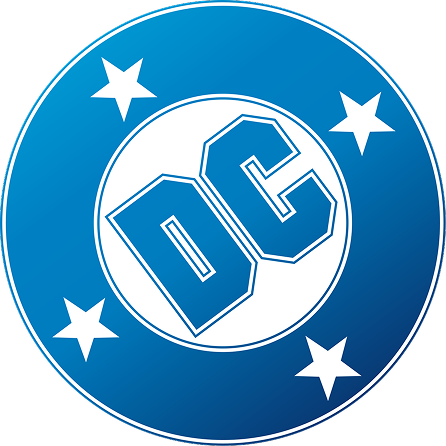 DC Comics logo featuring bold blue ‘DC’ letters in a white circle, surrounded by four white stars on a blue circular background with a transparent edge.