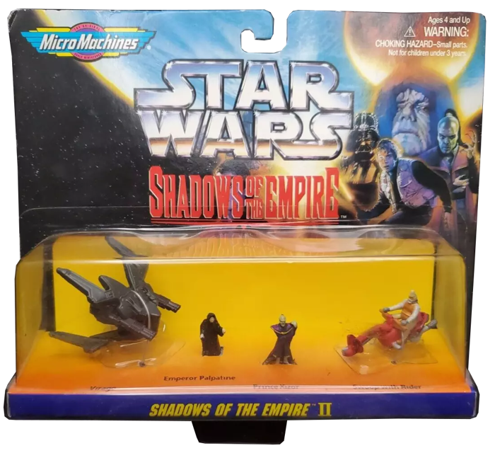 Star Wars Shadows of the Empire II Micro Machines toy set in original packaging, featuring miniature figures of Emperor Palpatine, Swoop Rider, and a starship.