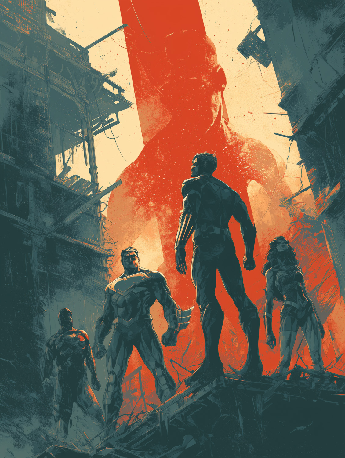 Stylized illustration of four superheroes standing on rubble in a ruined cityscape, facing a massive red silhouette in the background, with dramatic lighting and muted tones.