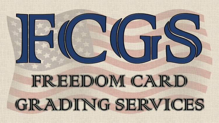 FCGS logo for Freedom Card Grading Services with bold blue letters over a faded American flag background.