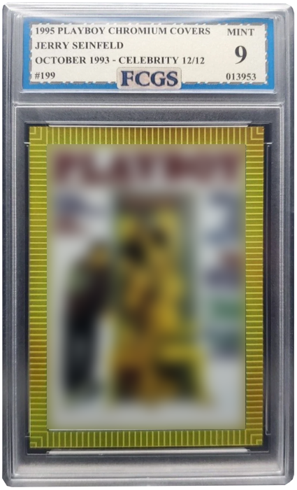 Graded 1995 Playboy Chromium Covers card featuring Jerry Seinfeld, October 1993 issue, graded Mint 9 by FCGS in a clear plastic slab.