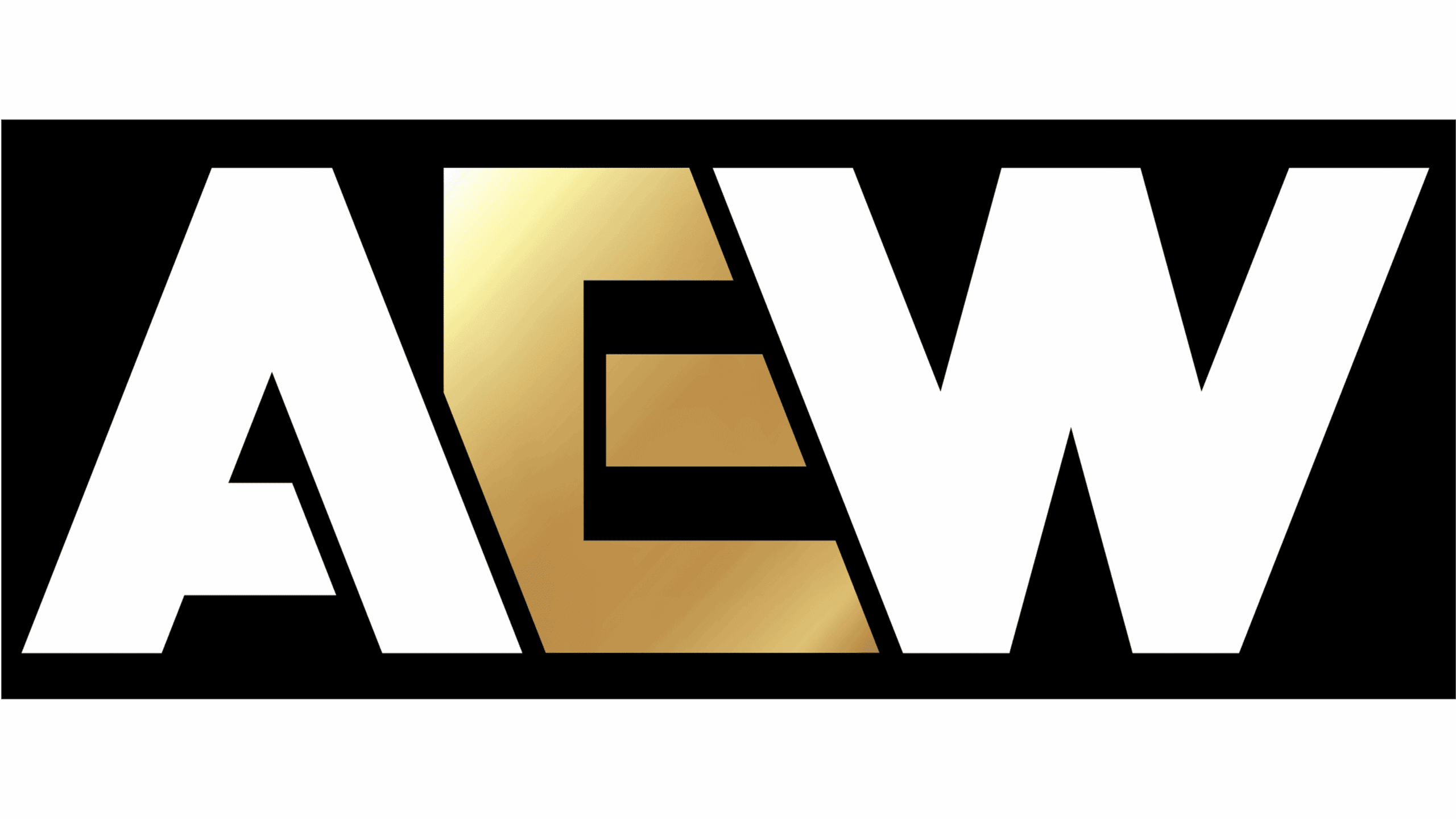 AEW logo featuring bold white letters A and W, with a metallic gold E in the center, set against a black background.