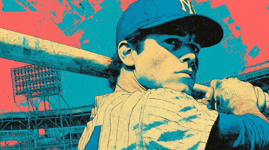 Pop art style illustration of a baseball player in a Yankees cap holding a bat, with a stadium backdrop and vibrant red and blue color palette.