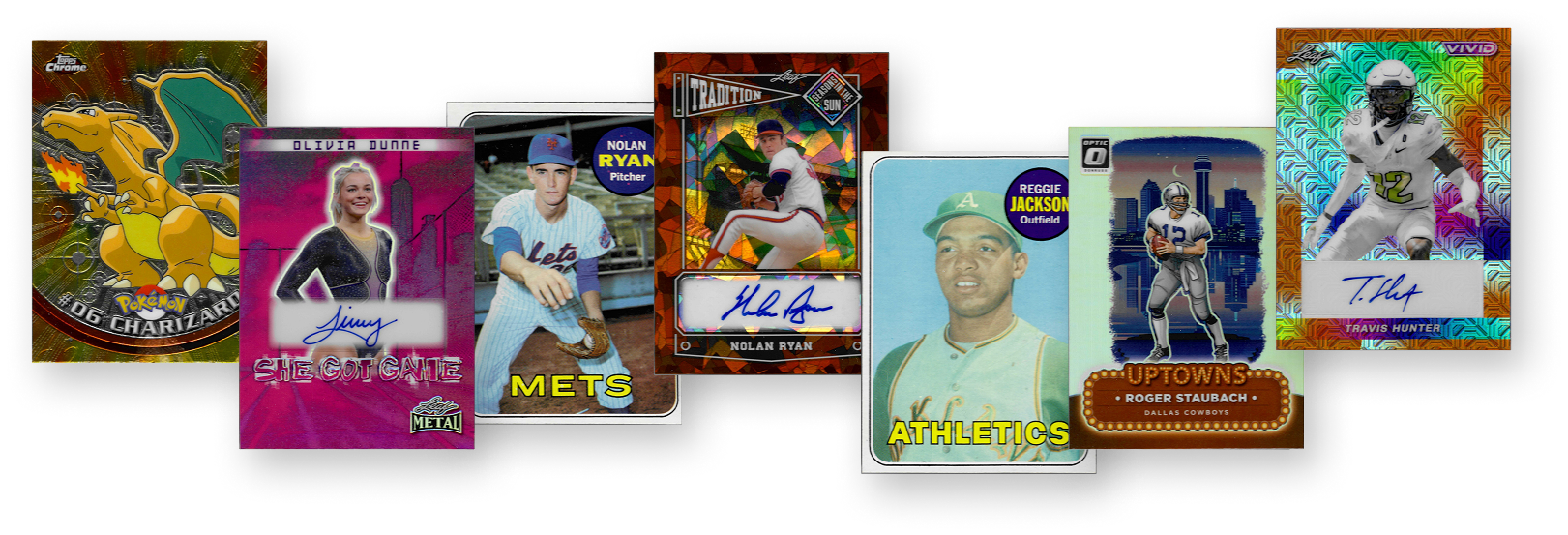 A lineup of seven collectible trading cards featuring characters and athletes including Charizard, Olivia Dunne, Nolan Ryan, Reggie Jackson, Roger Staubach, and Travis Hunter, displayed in a variety of vibrant holographic and vintage styles.